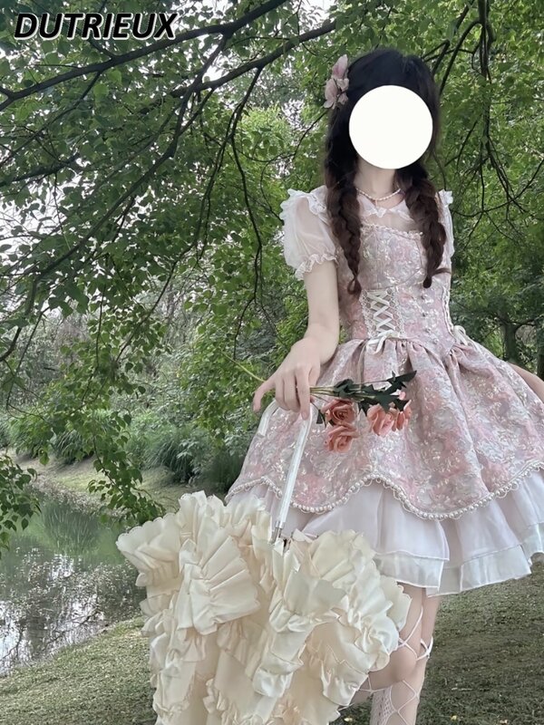 Lolita gaun selempang balet ramping pinggang mutiara peri elegan imut gaya Jepang gaun atasan Tube wanita manis JSK musim panas