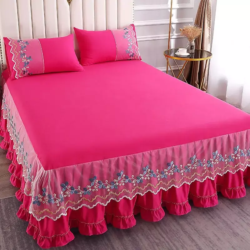 Solid Lace Embroidered Bedspread Mattress Protective Cover Polyester Bed Skirt Anti Slip and Dustproof Flounce Edge Bedsheet