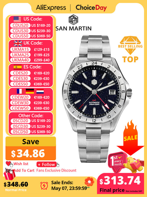 Роскошные мужские часы San Martin, 39 мм, циферблат с драгоценным камнем, автоматические механические сапфировые водонепроницаемые светящиеся часы NH34 GMT SN0129