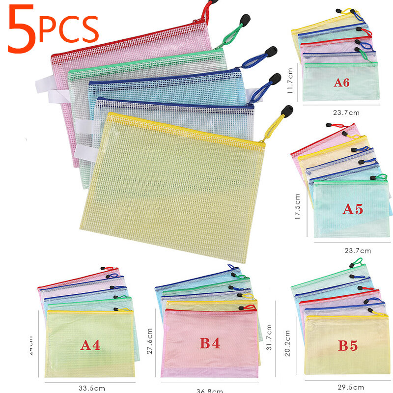 5Pcs Briefpapier Opslag Bestandsmap Mesh Rits Pouch A4 A5 A6 B4 B5 A3 B4 Document Zak Zip Bestand mappen School Kantoorbenodigdheden
