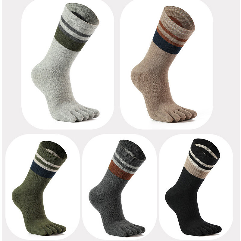 ถุงเท้าเทอร์รี่5คู่สำหรับผู้ชาย, ถุงเท้าผ้าฝ้ายหนายืดหยุ่นดูดซับเหงื่อให้ความอบอุ่นชุดเดรสปาร์ตี้ยาว5นิ้วมีความสุข