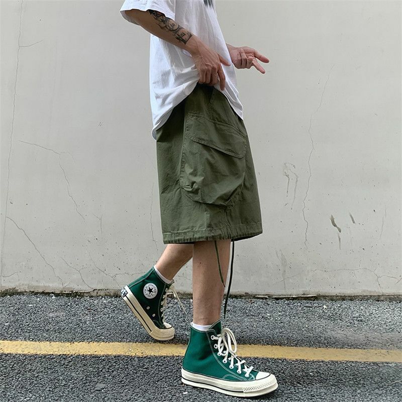 Moda feminina coreana de bolso grande masculina, shorts retos, rua Y2K, marca da moda, cor sólida, calça solta casual, moda verão