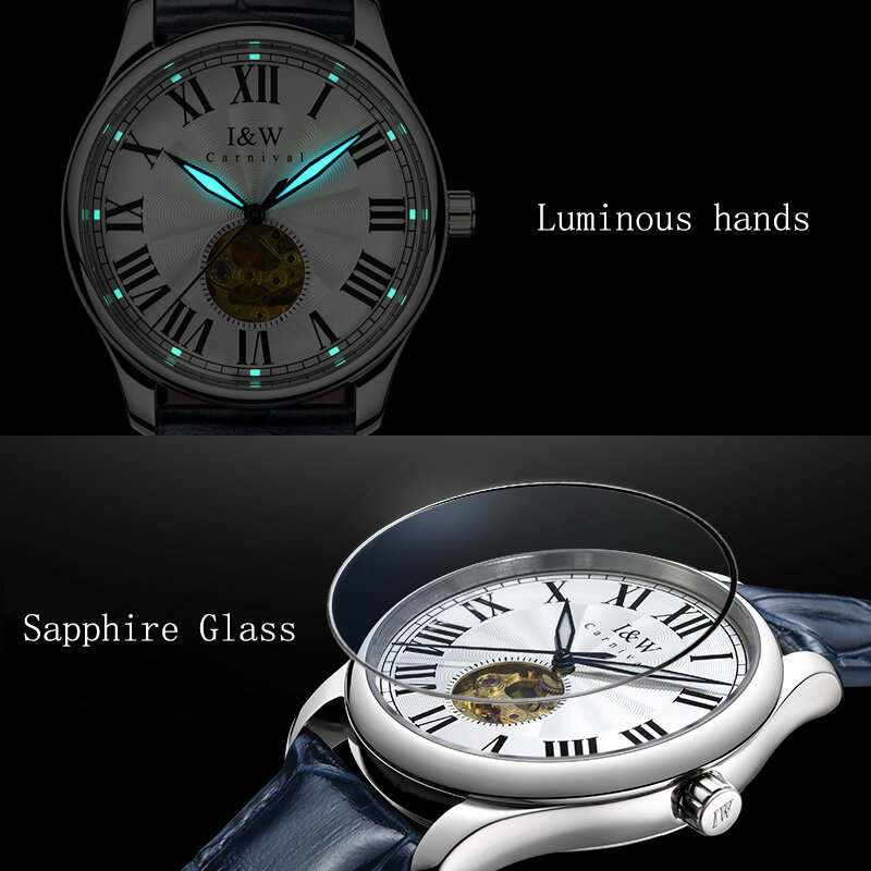 Karneval Marke iw Luxus Miyota Uhrwerk Liebhaber mechanische Uhr für Männer Frauen Mode blau Leder Saphir hohl Paar Uhr
