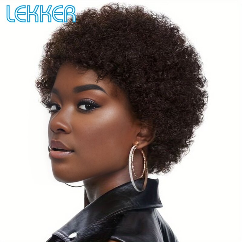 Lekker Wear to go-Peluca de cabello humano brasileño Remy para mujer, pelo corto rizado Afro, con densidad de 250, color negro, 8