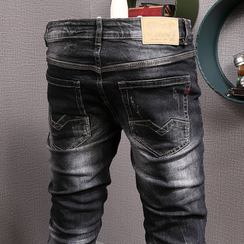 Fashion Designer Men Jeans Retro Black Gray Elastic Slim Fit Ripped Jeans Men Italian Style Vintage Casual Denim Pants Hombre