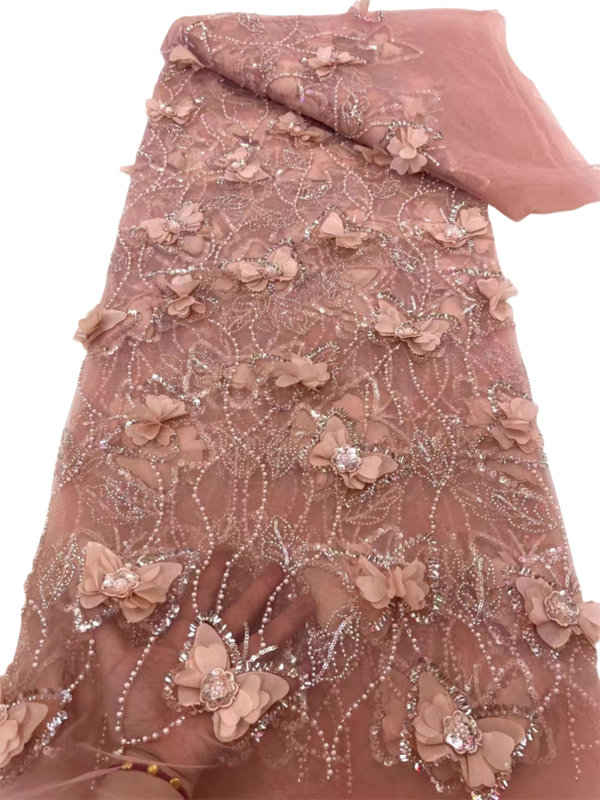 Luksusowa afrykańska ciężka tiulowa tkanina koronkowa z koralikami, haftowana tkanina z kwiatami 3D, francuski materiał tiulowy, 5 jardów, 2024