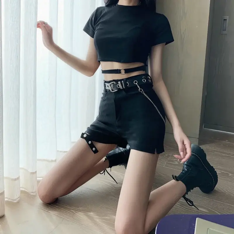 Kpop Hip Hop traje gótico para mulheres, roupas de dança do pólo jazz, shorts e top preto, roupa do grupo coreano, roupa do festival Rave, 2023