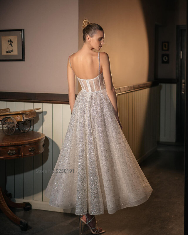 Блестящие Серебряные вечерние платья-трапеции с сердечком, на бретелях-спагетти, длиной до щиколотки, с блестками, кружевные с открытой спиной, модель 2023, платье для выпускного вечера