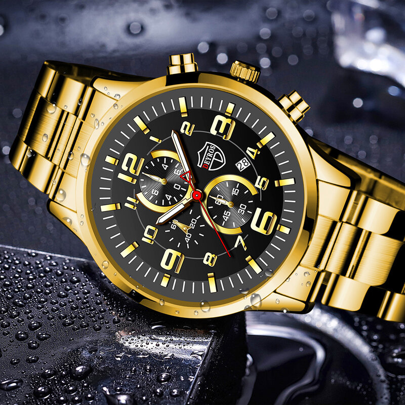 Jam tangan olahraga pria, arloji mewah Quartz Stainless Steel, kalender bercahaya, jam tangan bisnis