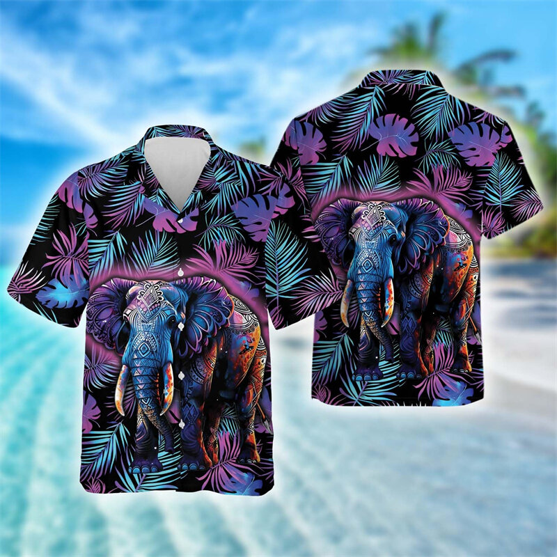Grappige Olifant Grafische Shirts Voor Mannen Kleding Casual Vakantie Feest Revers Blouse Dierentuin Blouses Mode Hawaii Korte Mouw
