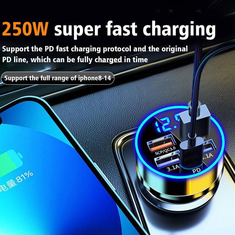 Chargeur de voiture USB 4 ports Type C PD 250W, adaptateur de charge rapide pour Huawei OPPO Oneplus iPhone 14 Pro Max 13 12 11 Mini XS