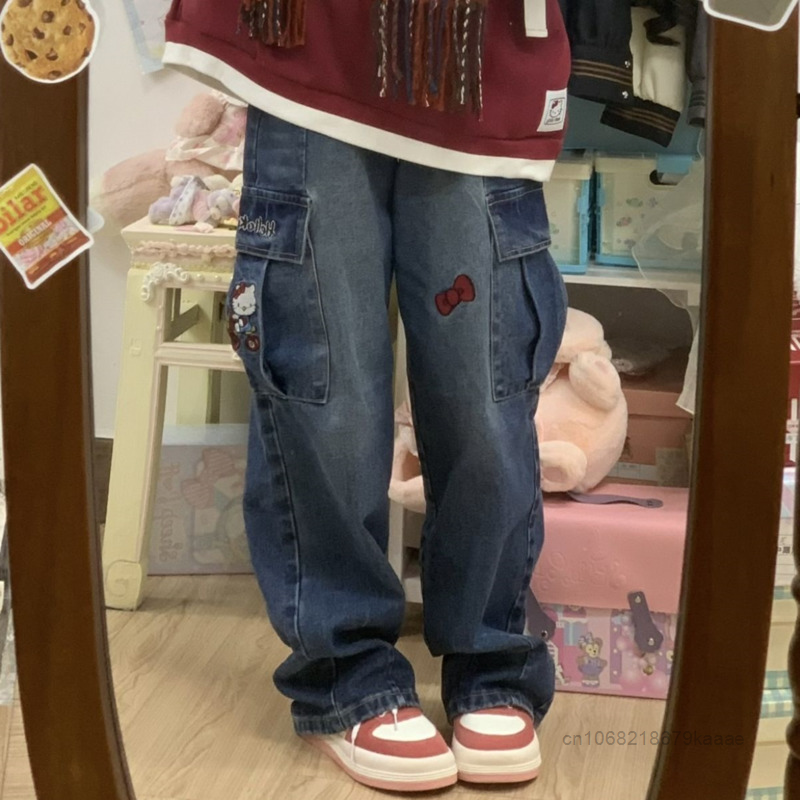Sanrio Hello Kitty Y2k Denim abbigliamento donna Jeans moda pantaloni a gamba larga Streetwear pantaloni Vintage Jeans dritti Anime femminili