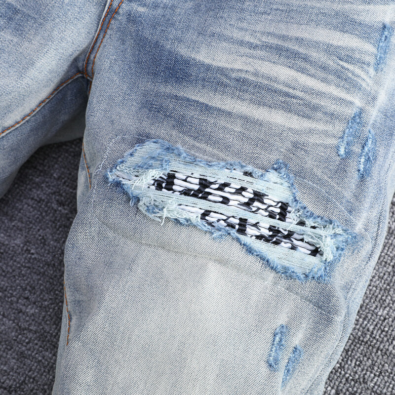 Джинсы мужские Стрейчевые в стиле ретро, модные рваные джинсы скинни, бандана, дизайнерские Брендовые брюки с заплатками в стиле хип-хоп, синие