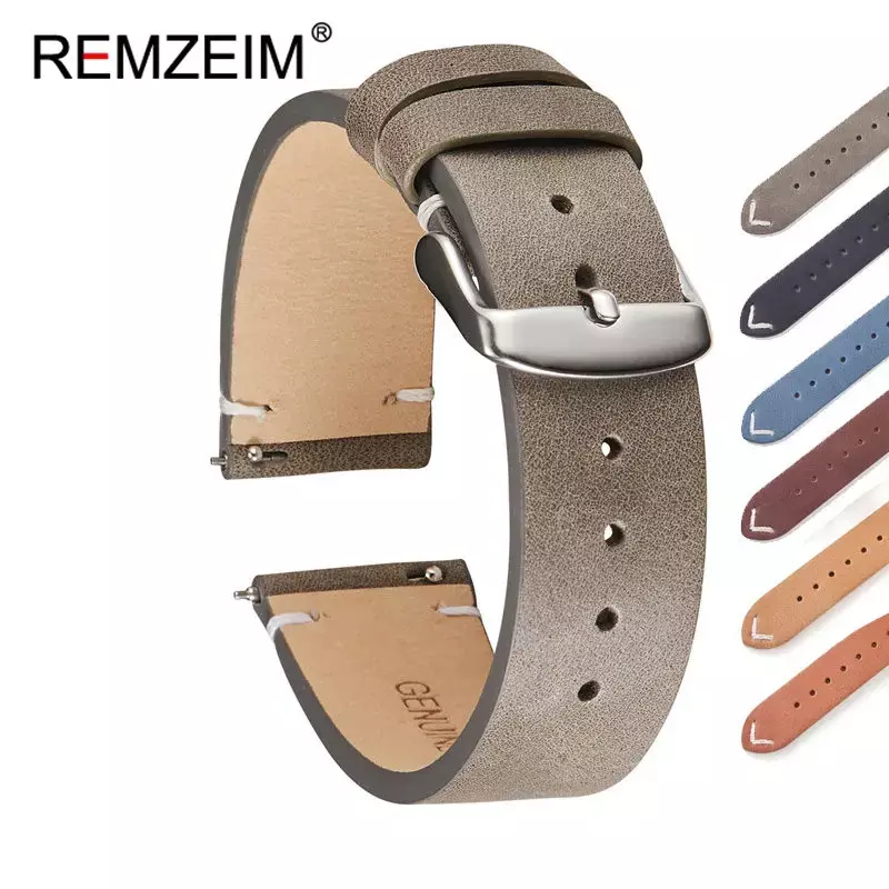 REMZEIM – bracelet de montre en cuir de veau, 18mm 20mm 22mm, à dégagement rapide, marron foncé, gris, noir, bleu, vert