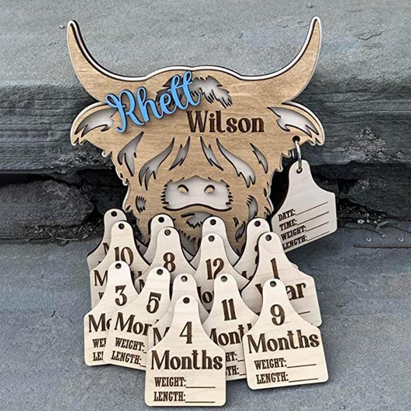 Wooden Cow Tags Month Milestone Wooden Highland Cow Milestone Mark Infant Record Tags 15 Pcs New Cow Babies Gift New To The Herd