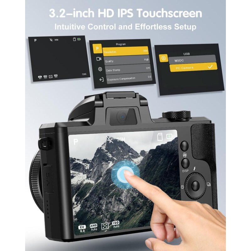 Kamera Digital 5K untuk fotografi, kamera Vlog fokus otomatis 64MP untuk YouTube dengan lensa Selfie, Zoom optikal 5X, kamera Video wi