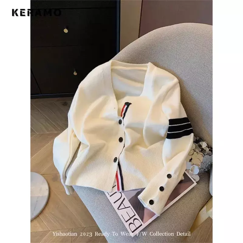 2023 Winter Casual Office Lady Knitting Long Sleeve Cardigans Women's Fashion V-Neck Striped Patchwork Elegant Sweater Top