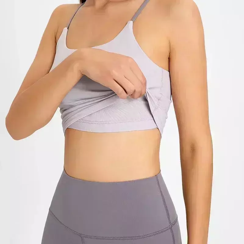 Lemon Custom Women Naked Feel Yoga Tank Tops Padded Sports Bra Cross Back Spaghetti Strap Workout Fitness Running Crop Top Vest