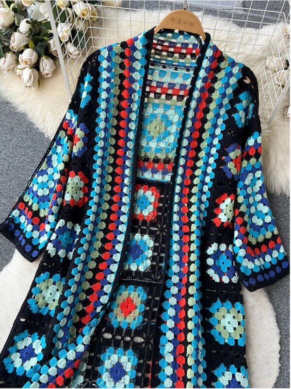 Summer Holiday Beach Long Cardigans Spring Fashion Vintage Floral Knit Cardigan Streetwear Loose Hollow Out Overcoat