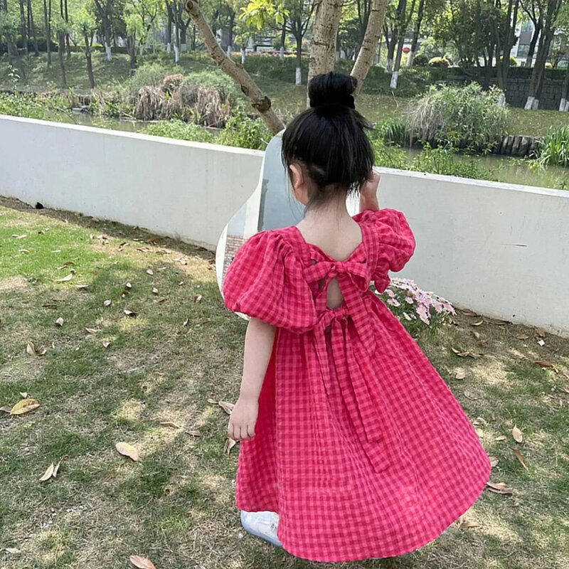 곰 리더 로즈 핑크 격자 무늬 리본 드레스, 우아한 로리타 어린이, 큰 소녀 미디 드레스, 십대 파티 공주 선드레스