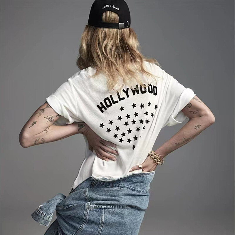 T-shirt à manches courtes pour femme, coton blanc, imprimé étoile au dos, lettres AB, Niche nord-américaine, été, nouveau, 24