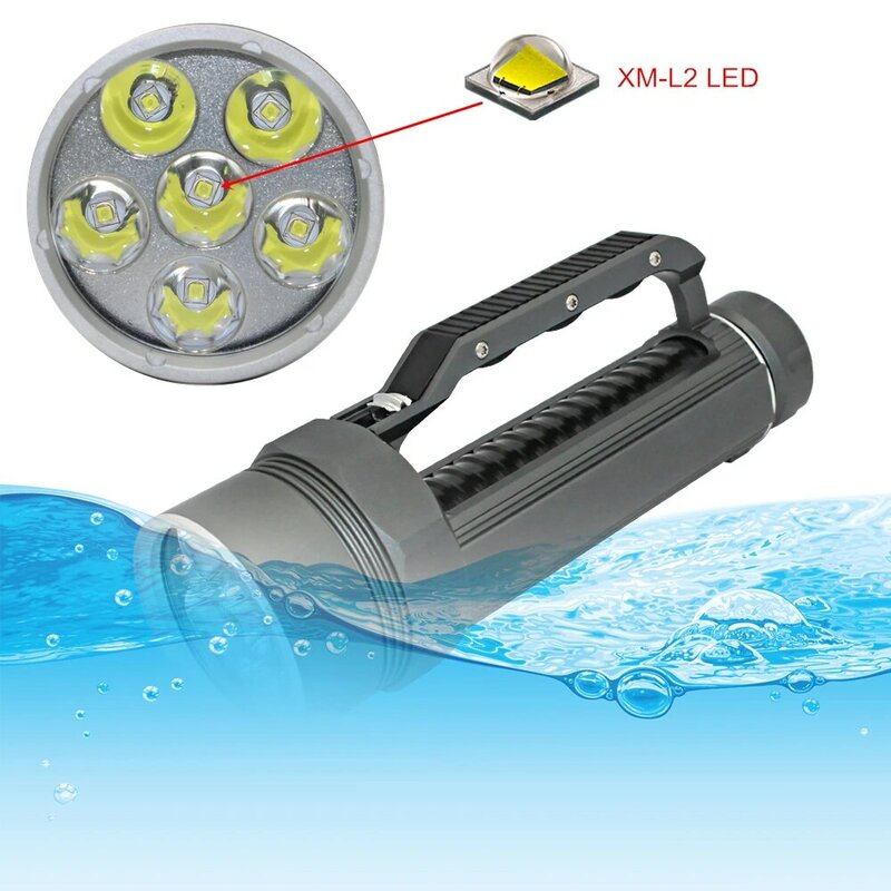 Linterna de buceo subacuática, luz de buceo impermeable, 6x XM-L2, iluminación LED blanca/+ batería + cargador 32650 amarilla UE/EE. UU.