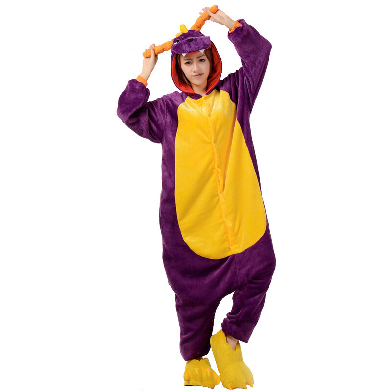 Purple Little Dinosaur Hooded Jumpsuit Pajamas Halloween Party Costume Animal Cosplay Kigurumi Clothing Plush Female Sleepwear