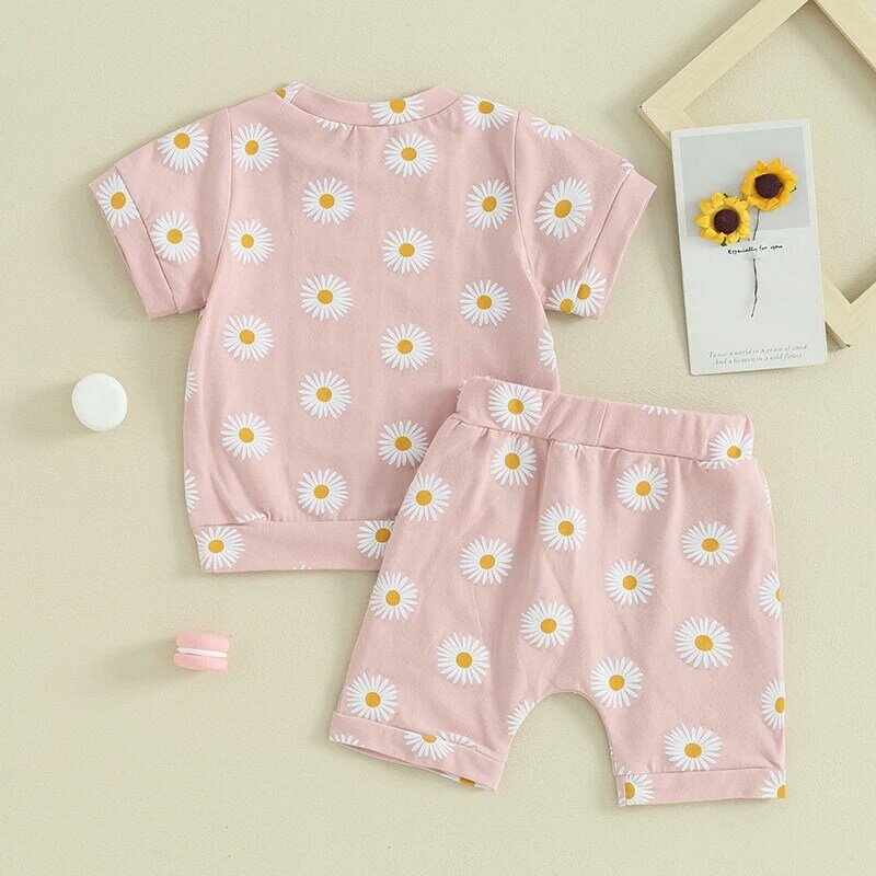 Toddler Baby Girls Summer Trim Outfits Daisy Ruffle Short Sleeve T-Shirts Tops Elastic Shorts 2Pcs Clothes Set