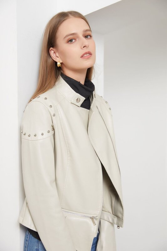 Casaco de couro feminino com gola em pé, jaqueta de cor sólida, nova moda, primavera e outono, 2022