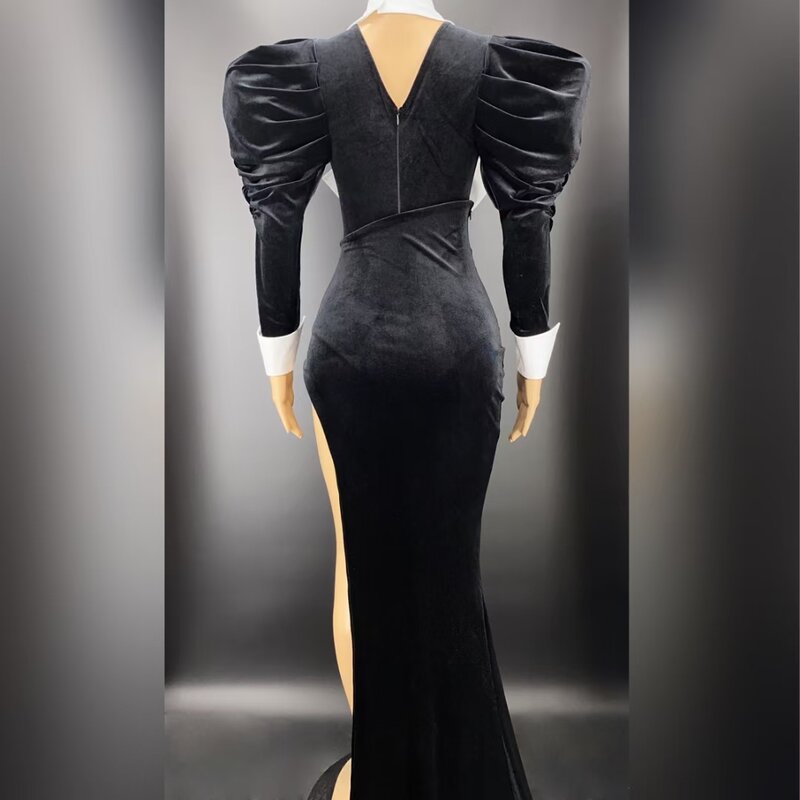 Gaun malam wanita, bantalan bahu beludru hitam antik + rok panjang belah tinggi kostum penampilan panggung penyanyi wanita