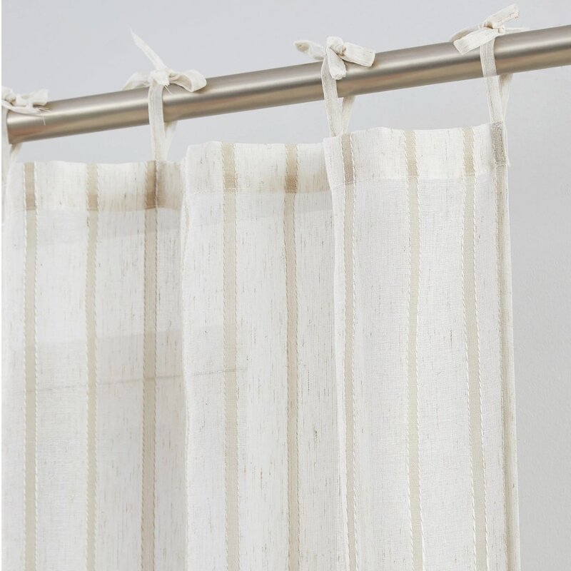 Emerson Linen Stripe Light Filtering Tie Top Curtain Panel Pair, Taupe, 76" x 84"