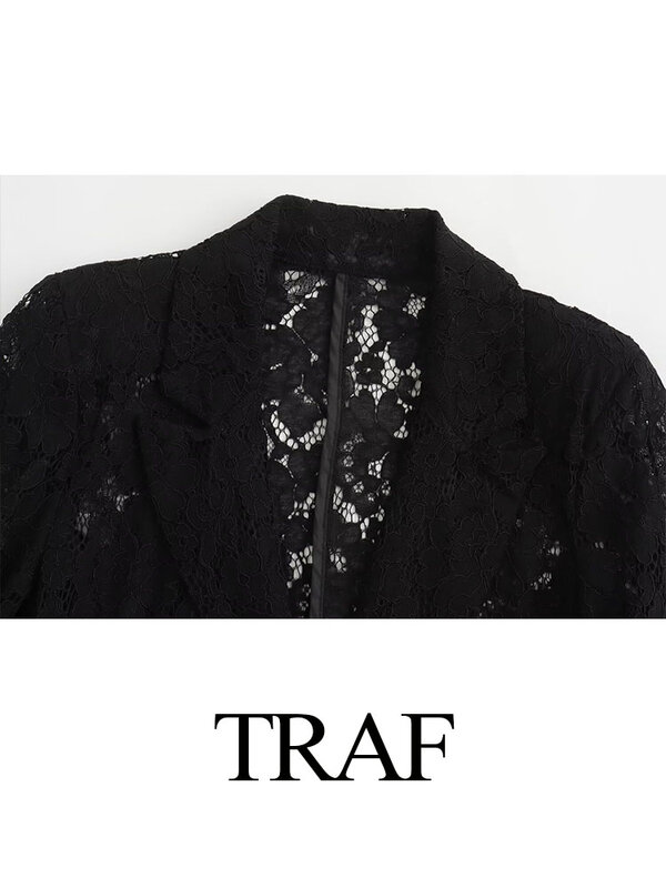 TRAF 우아한 여성용 긴팔 포켓 슬림 코트, 단색 레이스 할로우 장식, 싱글 버클 라펠 세트 탑 스트리트웨어