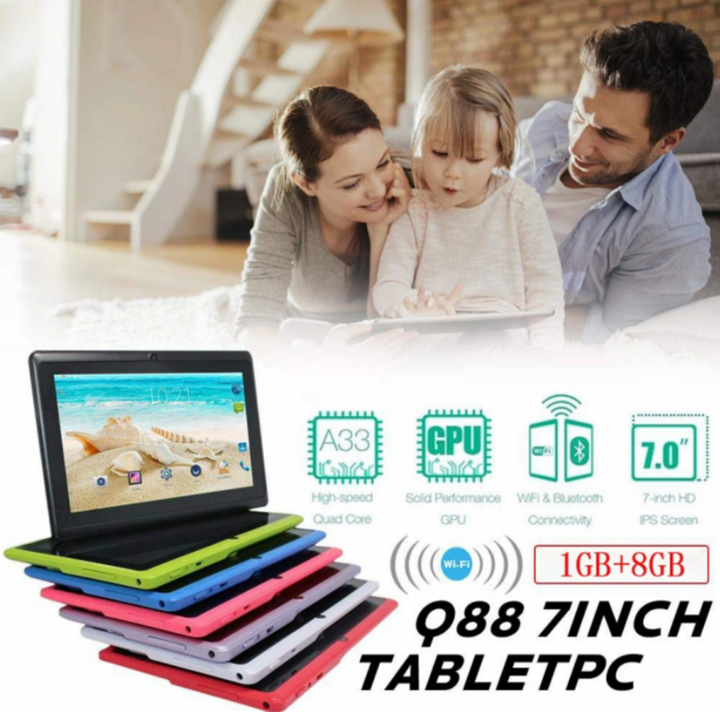 Quad Core Learning Tablets para crianças, Android 6.0, câmera dupla, Wi-Fi, Bluetooth, novo, Q88, A33, Allwinner, 1GB de RAM, 8GB ROM, 7 Polegada