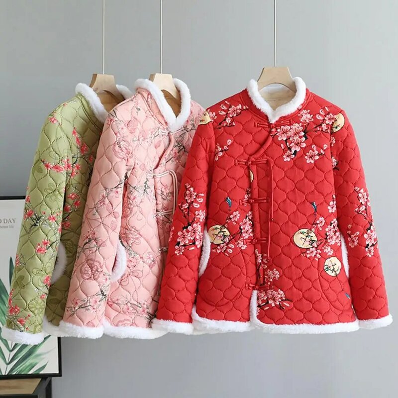 Jaqueta acolchoada em algodão estilo chinês para mulheres, casaco com estampa florida, forro grosso de lã, botões de disco