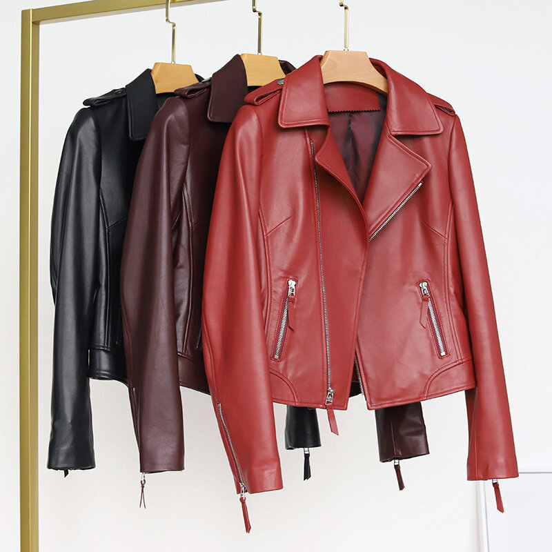 女性のための本革のシープスキンコート,本物のジャケット,オートバイのジャケット,高品質,新しい,春と秋,2023