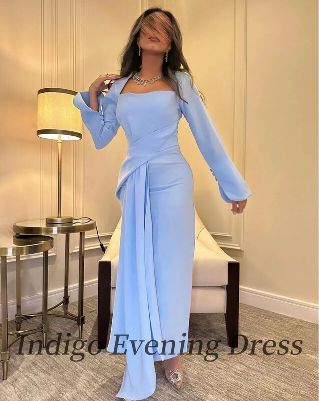 Indigo-Vestidos de Noche de satén suave para mujer, vestido de fiesta elegante y sencillo hasta el tobillo, color azul claro, Arabia Saudita, 2024