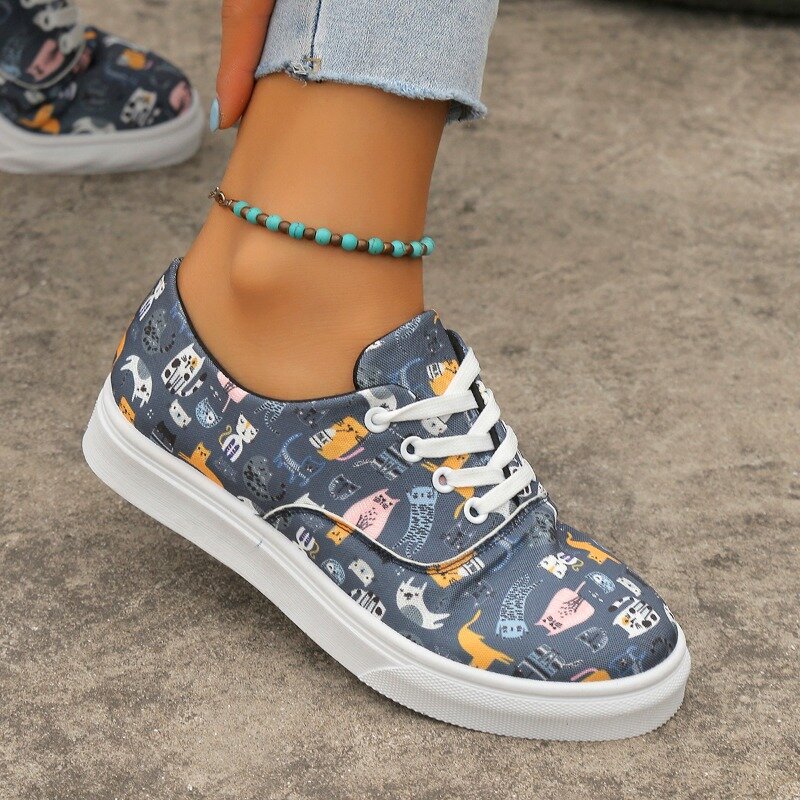 2024 New Sneakers Women's Floral Print Lace-up Shoes Round Toe Women's Flat Shoes Single Shoe Lace Up Casual Flat Sneakers