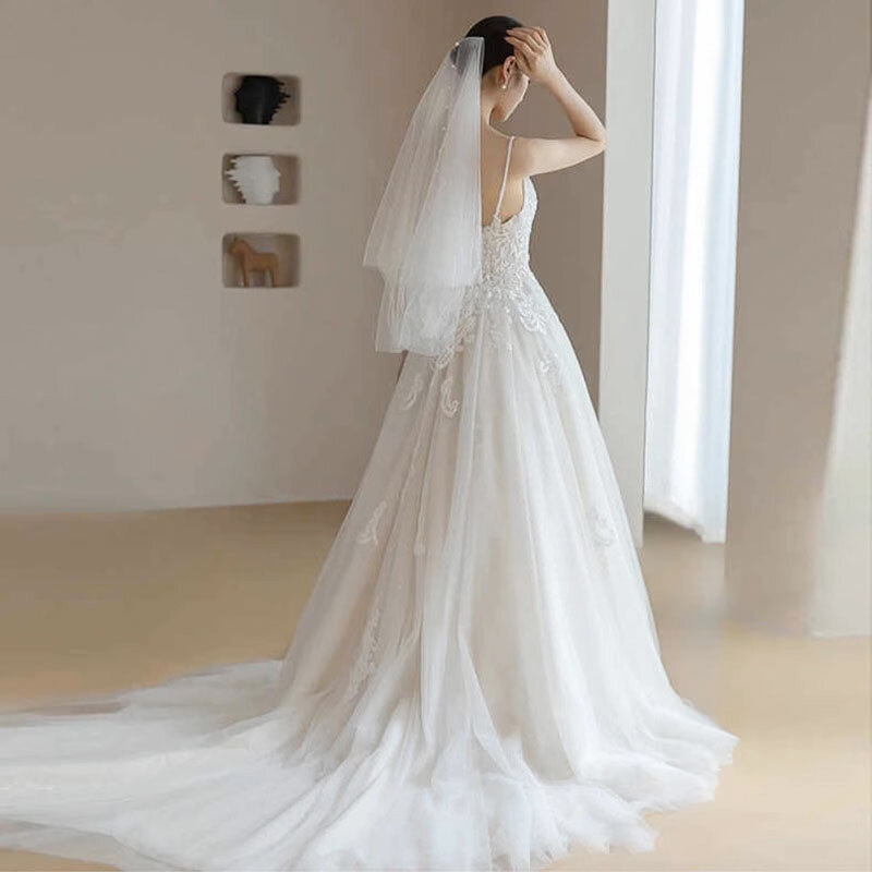 2024 koronkowe suknie ślubne damskie tiulowe aplikacje Boho suknie ślubne paski Spaghetti dekolt w szpic Vestidos De Novia Casamento Civil