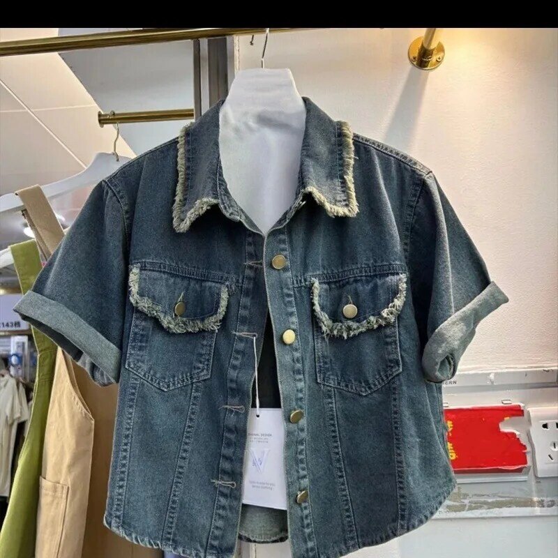 Jeans mantel Damen neue Sommer 2024 Bluse lose Retro Revers kurze kurze Kurzarm Shirt