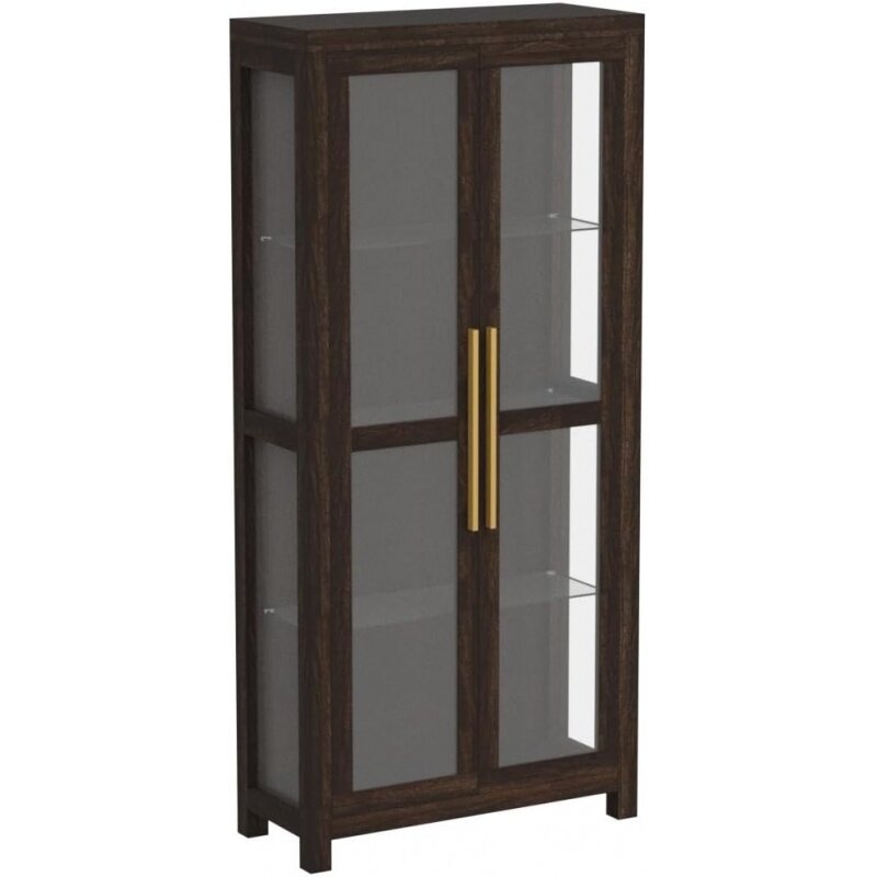 BELLEZE Storage Cabinet, Tall Bookshelf or Display Cabinet for Living Room Bedroom, Curio Cabinet with Tempered Glass Doors, Tro