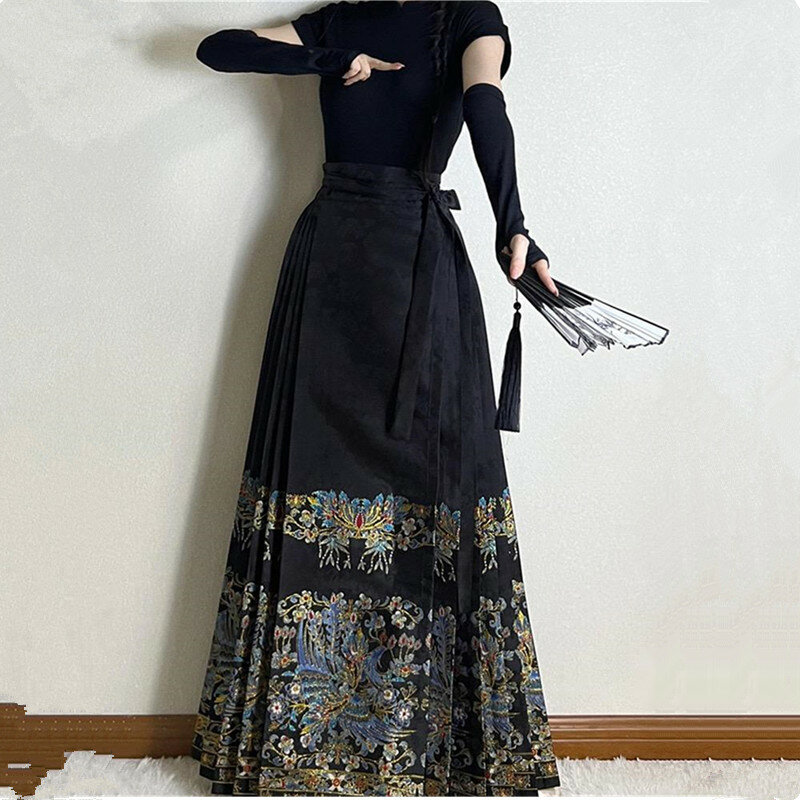 Chinese Style Traditional Pleated Skirt For Women Black Mamianqun Hanfu Thin Fashion All-Match Lace-Up Long Skirts Womenwear2493