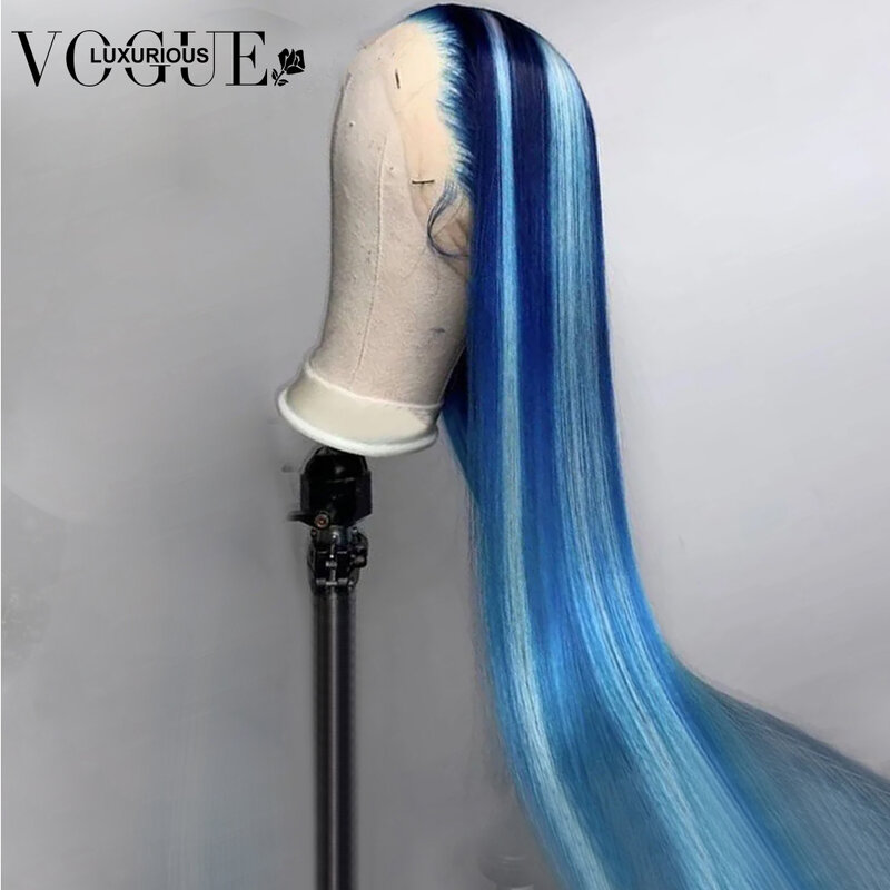 Peluca de cabello humano ondulado, pelo liso con encaje transsparente 13x4, brasileño, Remy, color azul Lago, sin pegamento, a la venta