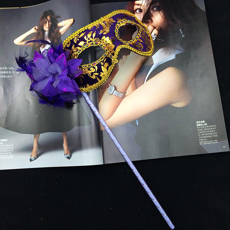 Mascarillas venecianas máscara de ojo de Mascarada en palo Halloween para fiesta baile de graduación bola púrpura Fantasía