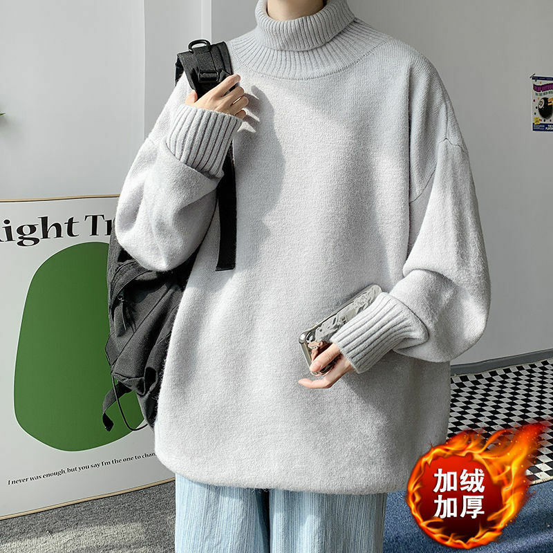 Свитер мужской зимний с высоким воротником, повседневный свободный плотный теплый однотонный вязаный свитер с бархатной подкладкой, 2022