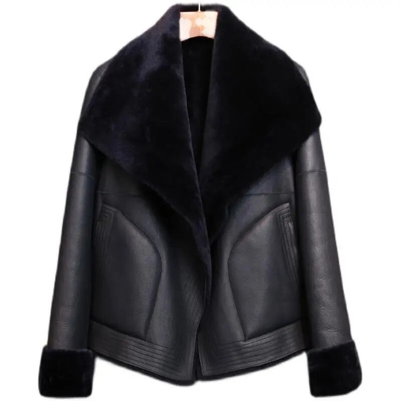Neue haining Pelz verdickten Mantel Frauen Spleißen große 5xl Mode schlanke Lammhaar Revers Pelz Jacke Mujer Outwear schwarz tr