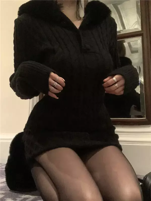 Mini vestido elegante monocromático de malha feminino, suéter quente, capuz fino, moda coreana, feminina, tricô, inverno, 2023