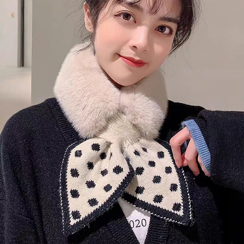 Winter Faux Fur Scarf Luxury Plush Warm Neck Collar Scarves Cross Polka Dot Scarf Cute Girl Knitted Scarfs For Ladies Keep Warm