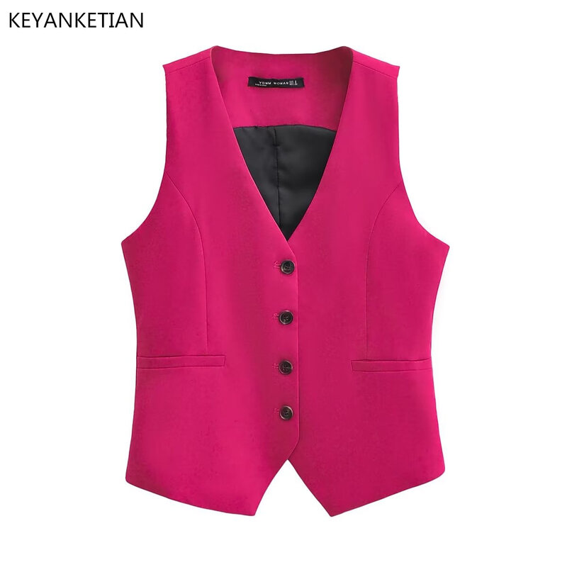 Женский однобортный жилет KEYANKETIAN, приталенный короткий модный асимметричный тонкий жилет без рукавов с V-образным вырезом, розово-красного цвета
