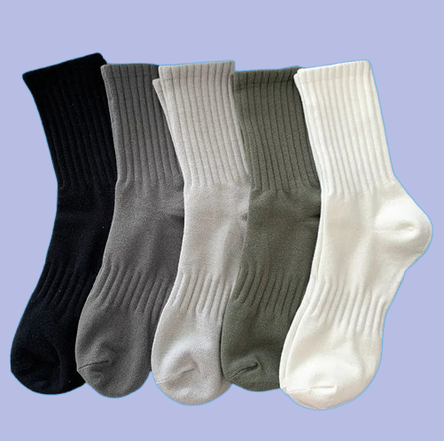 Kaus kaki hangat hitam putih pria, 5 pasang kaus kaki olahraga warna polos adem musim gugur musim dingin pria