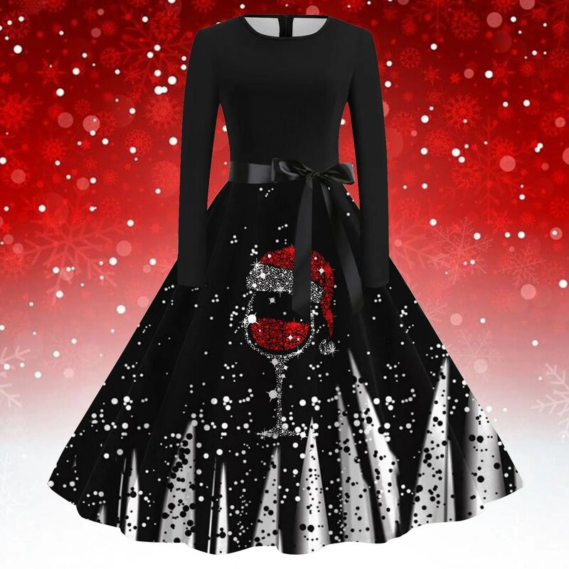 Womens Christmas O Neck Long Sleeve Printed Vintage Swing Dress Cocktail Prom Party Shirt Dress Summer Little Dress for Women